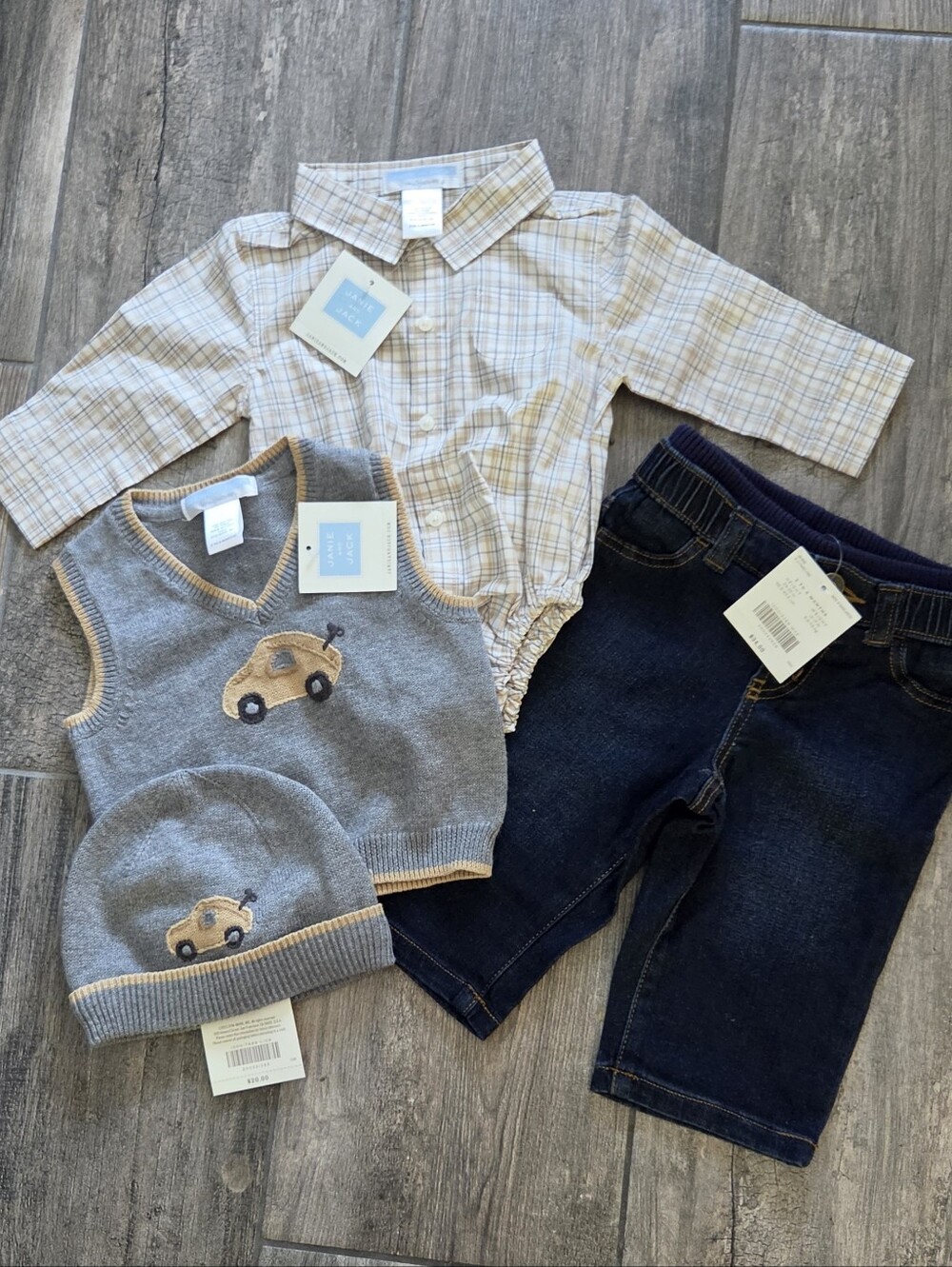 Janie and Jack NWT 3-6 months car sweater vest, matching hat and plaid bodysuit